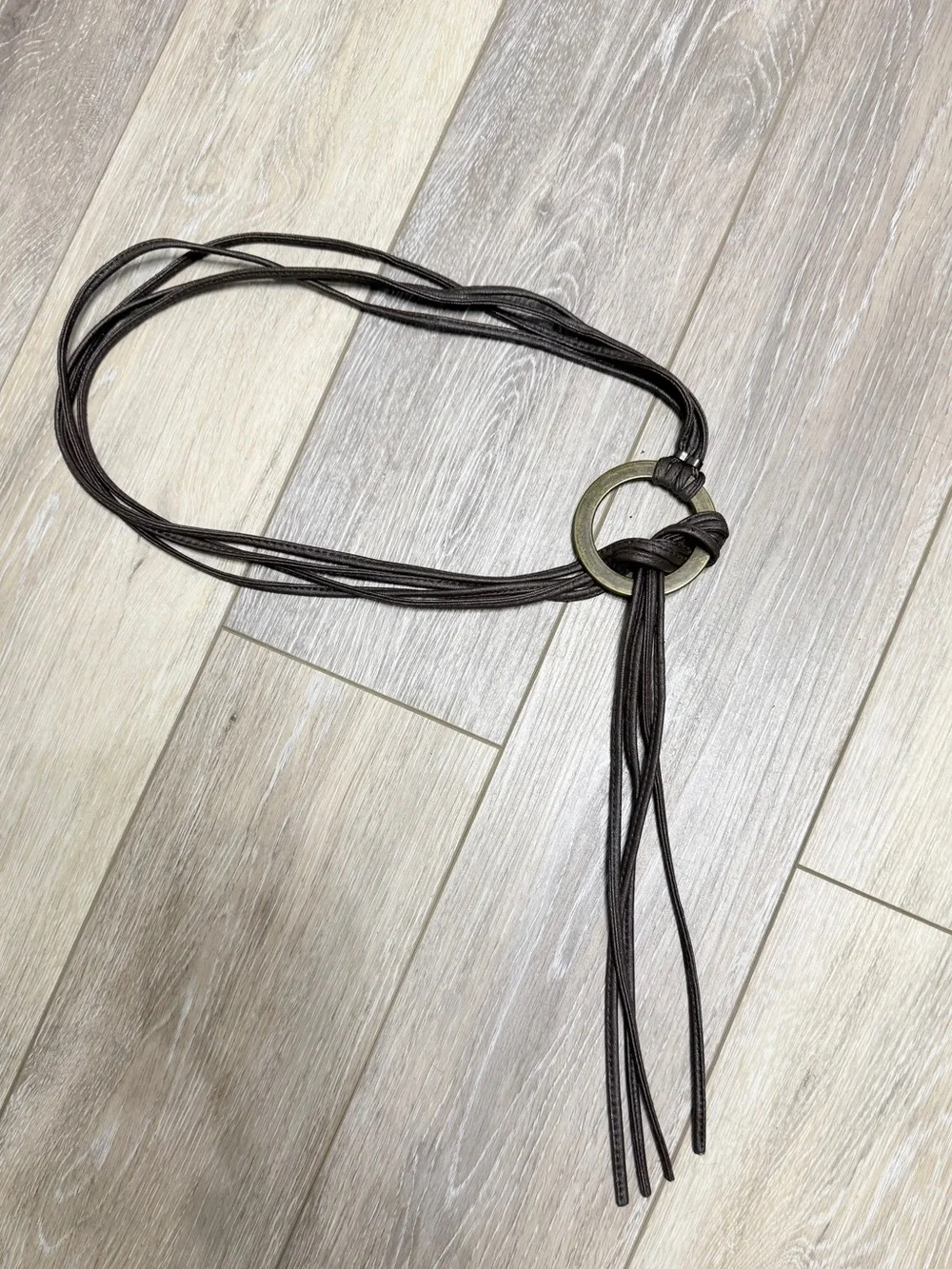 Brown Leather Wrap Belt with Antique Brass Ring